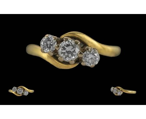 Ladies 18ct Gold 3 Stone Diamond Set Ring. Full Hallmark to Interior of Shank. The Trio of Round Faceted Diamonds of Good Col