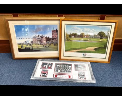 Sporting Interest - Three Framed Prints, the first by Braaq, 'Does That Mean the Bags Full Tea', Baxter Print 2001 Ryder Cup 