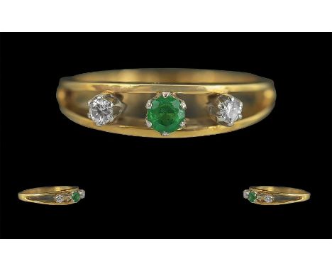Ladies Attractive 18ct Gold 3 Stone Diamond and Emerald Set Ring, Open worked Setting. Marked 18ct to Interior of Shank. Ring