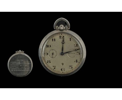 Le Coultre 1930's Keyless Steel Cased 8 Day Movement Open Faced Pocket Watch with Power Indicator In Days, Displayed to Front