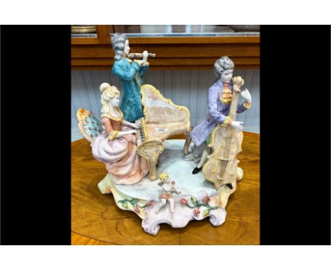 Large Beautiful Continental Porcelain Figure of a Trio of Musicians, made and produced by Gianni Lorenzen in the Nove Worksho