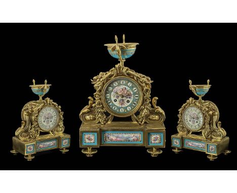French 19th Century Sevres Style Mantle Clock, Sevres style porcelain panels and dial, urn finial, painted porcelain dial dep