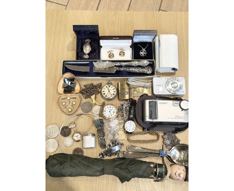 Box of Assorted Collectables. Includes Vintage Harrods Umbrella, Coins, Costume Jewellery, Watches, Sony Cameras, Silver 925 