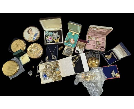 Box of Costume Jewellery, comprising  brooches, necklaces,  chains, odd silver, earrings, cuff links, vintage powder compacts