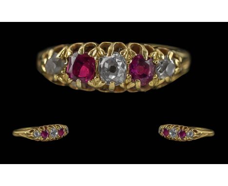Antique Period Ladies 18ct Gold Pleasing 5 Stone Ruby and Diamond Set Ring , marked 18ct to interior of shank, circa 1890 - 1