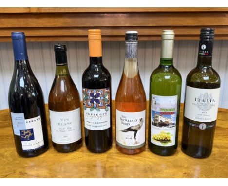 Six Vintage Bottles of Wine, comprising 2017 Secretary Bird Rose, 2015 Pinot Grigion, 2002 Shiraz, Pansion Vino, Arpeggio Nor