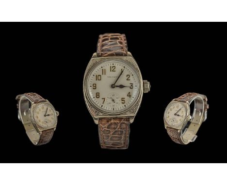 Waltham Gents Silver 1930's Manuel Wind Wrist Watch. Features Gold Arabic Numerals, Subsidiary Dial, Ornate Barrel Shaped Cas