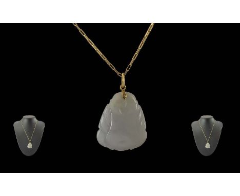 18ct Gold Mounted Jade Buddha Pendant Attached to a 9ct Gold Block Chain Designed Chain, Marked 9ct. Jade Buddha and Chain of