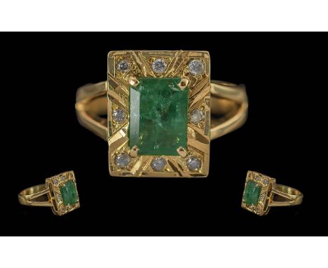 Ladies Pleasing 18ct Gold Emerald and Diamond Set Ring, not marked, tests 18ct - 750, of rectangular form, the centre emerald