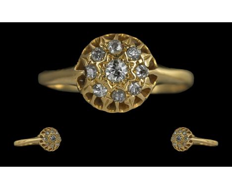 Antique Period Ladies 18ct Gold Diamond Set Cluster Ring, Raised Open Setting, Marked to Interior of Shank. Ring Size Q - R, 
