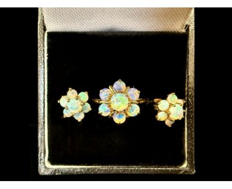 Ladies 9ct Gold &amp; Opal Set Stud Earrings and Ring Set. Ring Size Approx P. Earrings for Pierced Ears. Combined Weight App