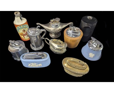 Box of Vintage Table Lighters, including Ronson's 'Queen Anne', Ovaltine, Braun, Rolstar, Mosda Period Series, Wedgwood, Dunh