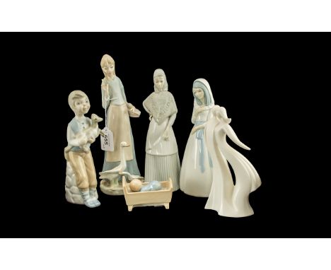 Collection of Six Lladro/Nao style figures, comprising a girl with geese, a boy with a lamb, two girl figures, a baby in a cr