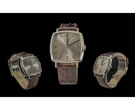 Omega Geneve Gents Steel Cased Manual Wind Wrist Watch. c.1970's. Features Silvered Dial, Silver Markers, Square Form.