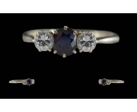 Ladies Pleasing 1930's 18ct Gold 3 Stone Diamond and Sapphire Set Ring, Marked 18ct and Platinum to Interior of Shank, The Ce