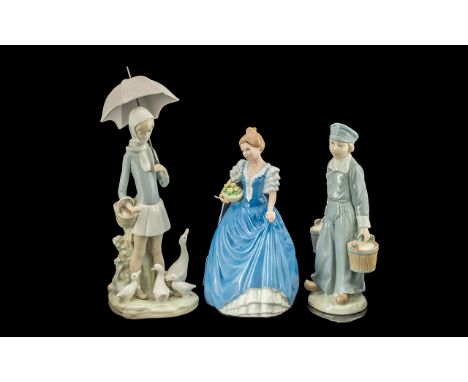 Two Lladro Figures, boy with milk buckets and girl with umbrella and geese, together with Royal Doulton 'Helen' HN 3601.