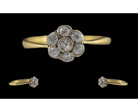 Antique Period Ladies 18ct Gold Diamond Set Cluster Ring, Flower head Setting. Tests 18ct. Well Matched Small Diamonds. Weigh