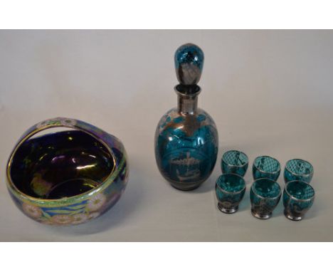 Maling lustre flower basket and a blue etched glass decanter set with 6 small glasses
