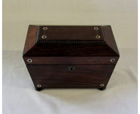 Victorian rosewood sarcophagus form tea caddy with mother of pearl decoration