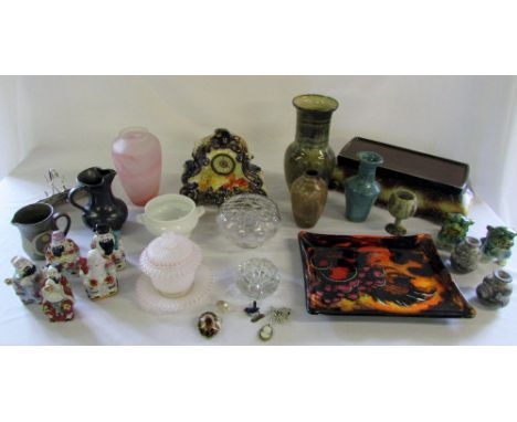 Various items inc ornate mantle clock, glassware and oriental figures