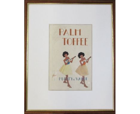 1930s Palm Toffee advertising poster design in watercolour and pencil with signature RJM (R J Mason) 44 cm x 54 cm
