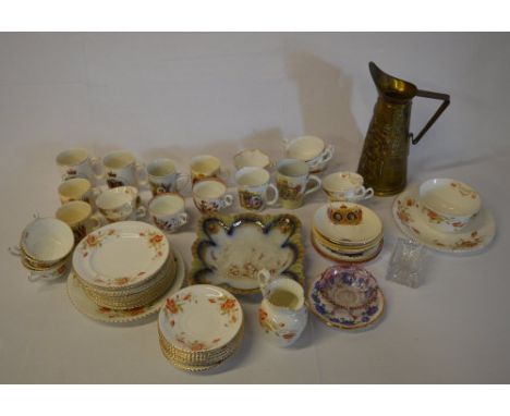 Various ceramics including commemorative cups / mugs, Carltonware dish, brass jug etc