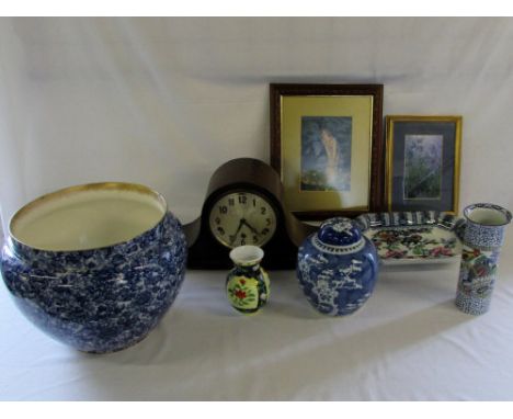 Various ceramics inc Jardiniere, 1930's mantle clock & 2 small prints