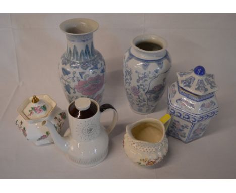 Various ceramics including vases, Royal Doulton teapot and a Royal Doulton jug