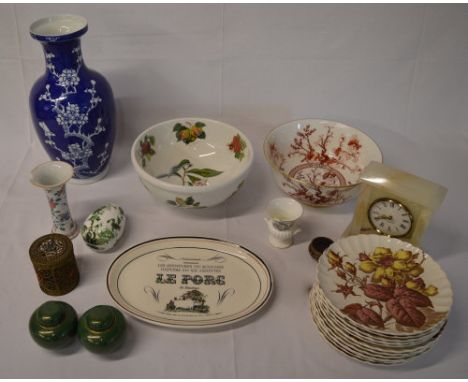 Ceramics including a Coalport Indian Tree Coral salad serving bowl, small Wedgwood vase, onyx mantle clock etc