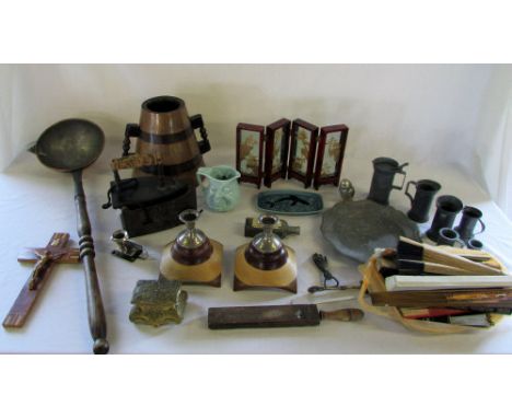 Assorted items inc candlestick holders, pewter, fans and French iron