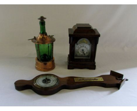 Mantle clock, copper and green glass lantern & barometer