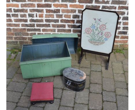 Old tin trunk (hinges broken) tin hat box, foot stool and a firescreen/folding table