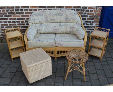 Cane conservatory furniture comprising of 2 seater sofa, 2 side tables, stool and box
