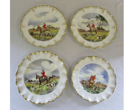 4 Royal Crown Derby hand painted hunting scene plates