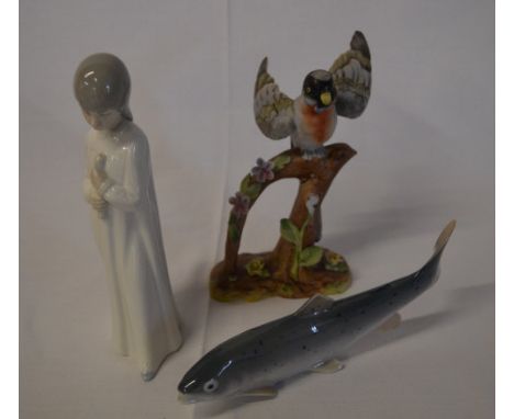 Nao figure of a young girl, Royal Copenhagen figure of a rainbow trout (broken tail) and a Japanese figure of a Grosbeak bird