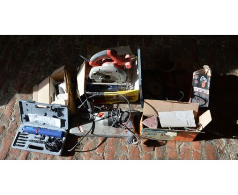 Various tools including Draper drill, Blackspur circular saw, Black & Decker angle grinder etc