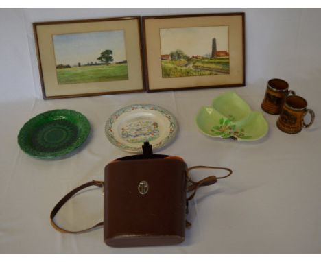 Wedgwood plate, binoculars, Carltonware dish, tankards etc