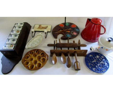Various kitchenalia inc egg stand & enamel jug