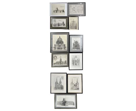 A collection of 11 framed and glazed copper engraved architectural prints, mostly from Dugdale, 17th and 18th century. Variou