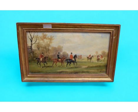 Robert Stone&nbsp; (British,19th century)&nbsp; oil on board of a hunting scene, signed bottom right, in a gilt frame, 27cm x