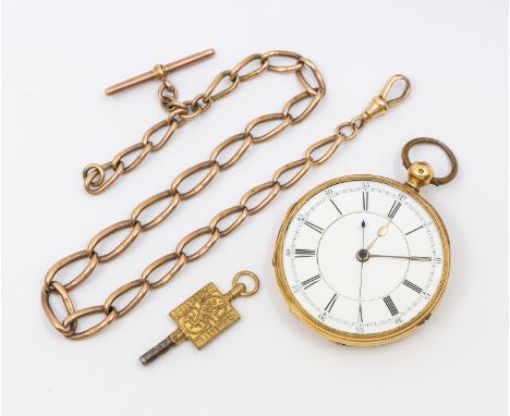 An 18ct gold centre seconds chronograph comprising a white enamel dial with numeral markers, outer seconds track, engine turn