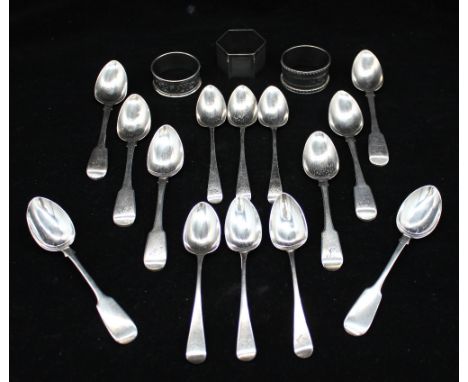 A collection of silver to include: a matched set of six George III silver fiddle patterned teaspoons, all initialled, hallmar