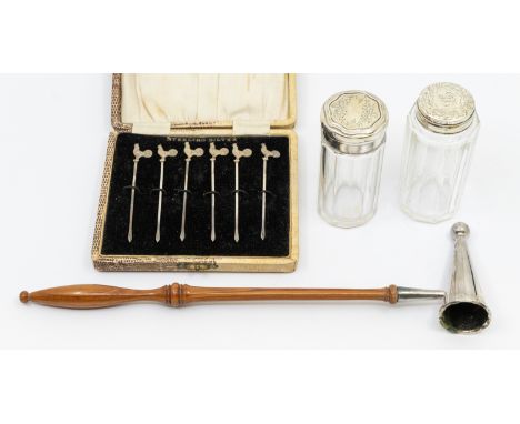 A small collection of silver to include; a cased set of sterling silver cocktail sticks, with cockerel terminals, each approx