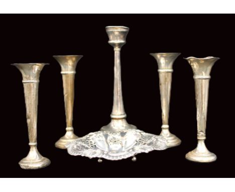 A collection of silver to include; a George V silver trinket dish, of elaborate scrolled circular shape, embossed floral and 