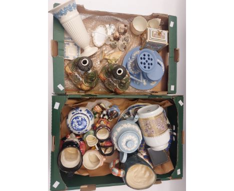 Collection of mixed porcelain i.e. two Buddha figures, Jasper wares, Dresden, Goss ware, Worcester, Doulton character jugs, b