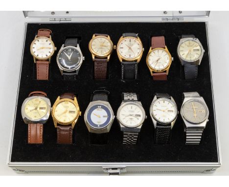 A collection of twelve vintage gents wristwatches, comprising steel cased and plated cased manual and automatic versions, inc
