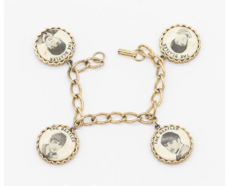 Beatles interest- a vintage gilt metal 'The Beatles' bracelet, suspending enamel disc, each featuring a member of The Beatles