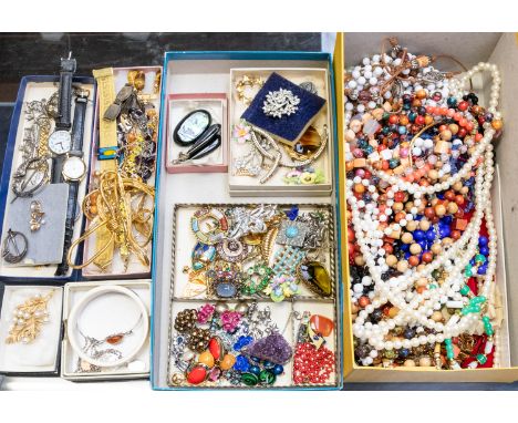 A collection of costume jewellery to include 9ct gold pearl set spray brooch, total gross weight approx 2.7gms, along with a 