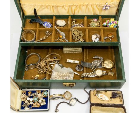 A collection of costume jewellery to include a 9ct gold cased ladies wristwatch on a later plated strap, total gross weight a