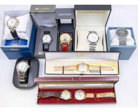 A collection of gents vintage and later wristwatches to include automatic, comprising steel and plated cases, quartz and manu